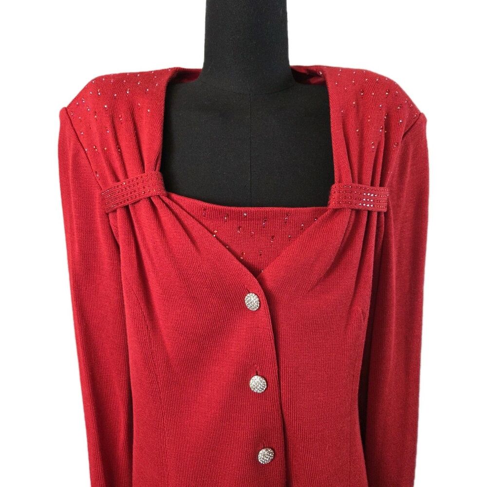 Vintage Donna Vinci Couture Knits Red Church Skirt Suit Set Size 10 Rhinestone